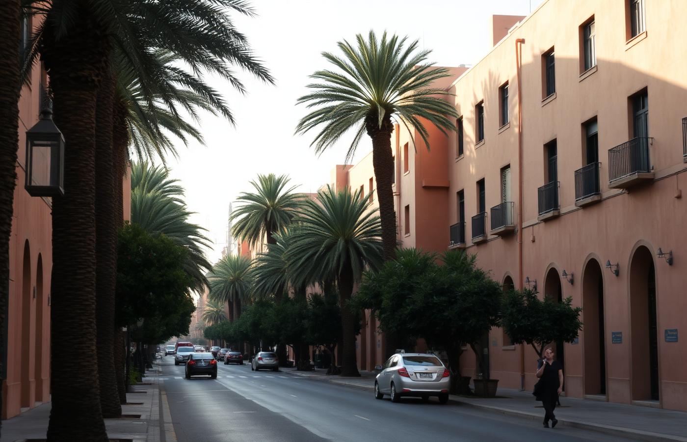 Avenue bordée de palmiers dans un quartier de Marrakech